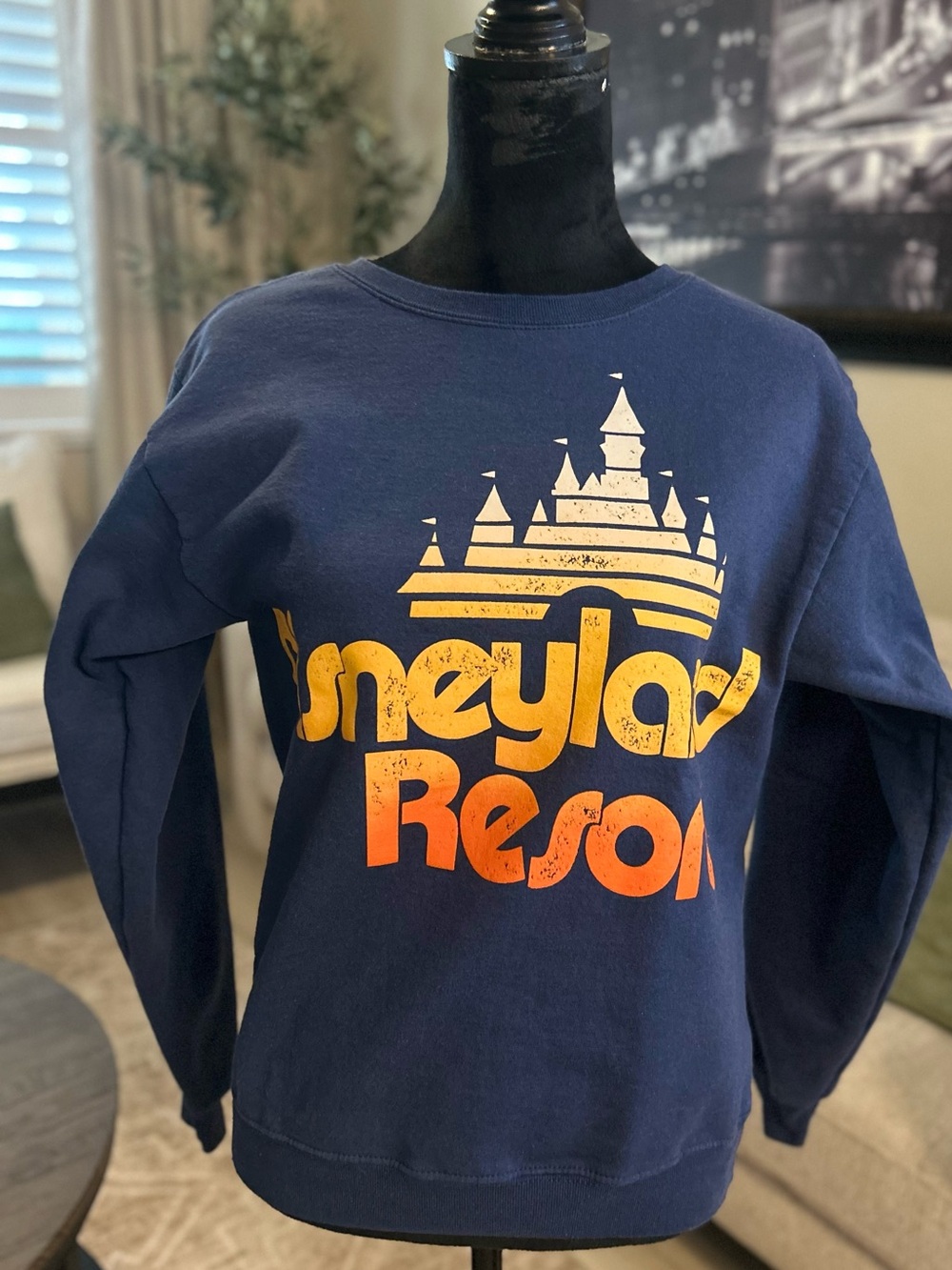 Disney Navy Crewneck Sweatshirt with Yellow and Orange Castle Graphic